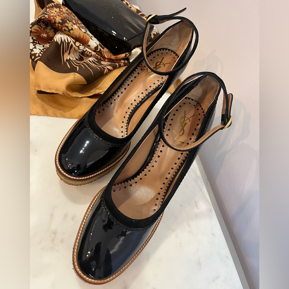 Women’s YVES SAINT LAURENT WEDGE BLACK PATENT Mules - Picture 2 of 15